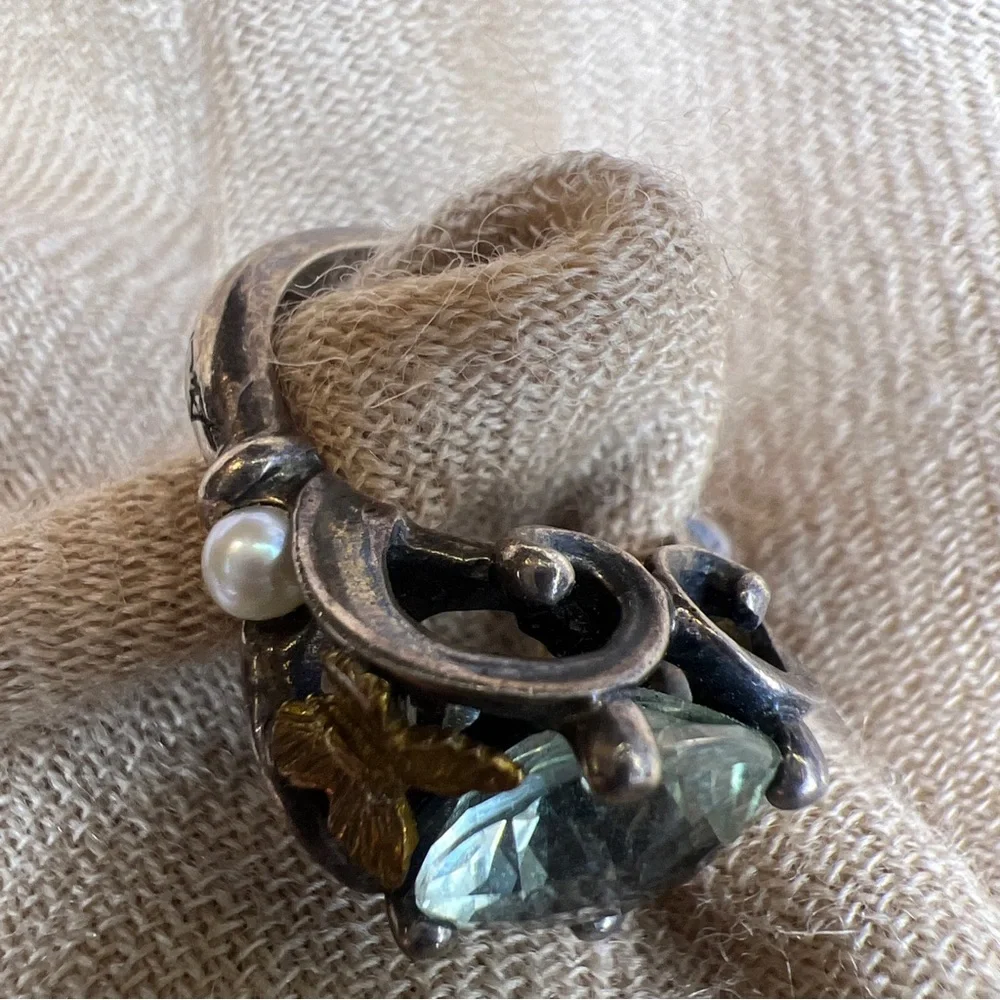 Ann king sterling silver 18K green amethyst/prasiolite pearl butterfly ring - Picture 3 of 16